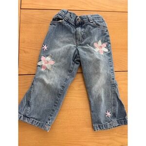 Y2K 2T Embelished Jeans with Flare Leg Pink and White Florals Elastic/Snap Waist